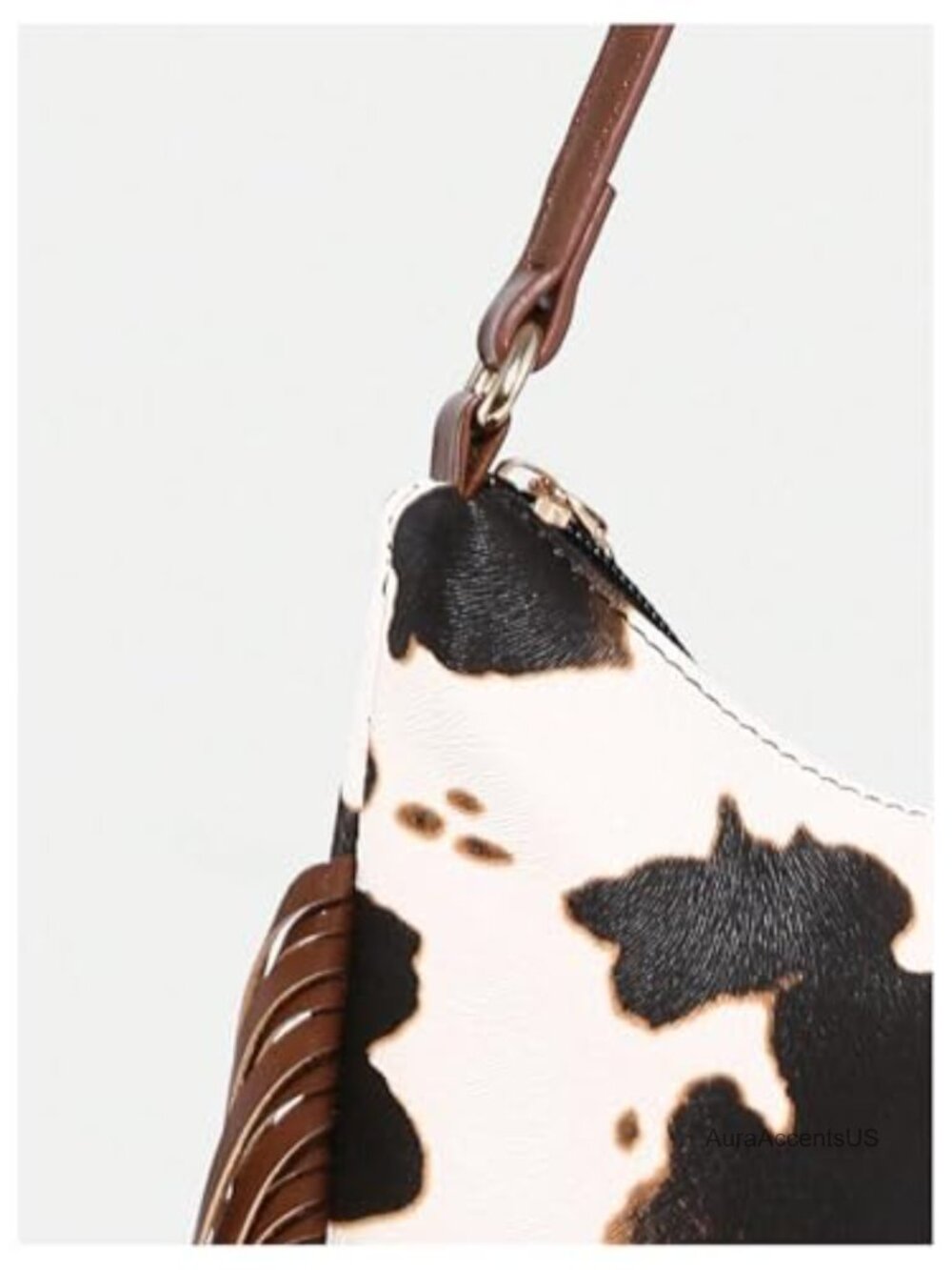 Faux Leather Cow Print Fringe Baguette Handbag with Zipper Closure - Picture 3 of 5